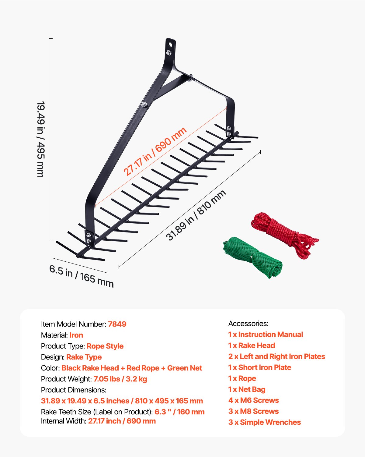 VEVOR Rastrello per Erbacce Acquatiche da 810 mm Rastrello per Erbacce per Laghi a Doppia Faccia 160 mm Tagliaerba Leggero per Stagni con Corda 9 m per Pulizia di Ninfee per Stagni, Laghi, Ruscelli