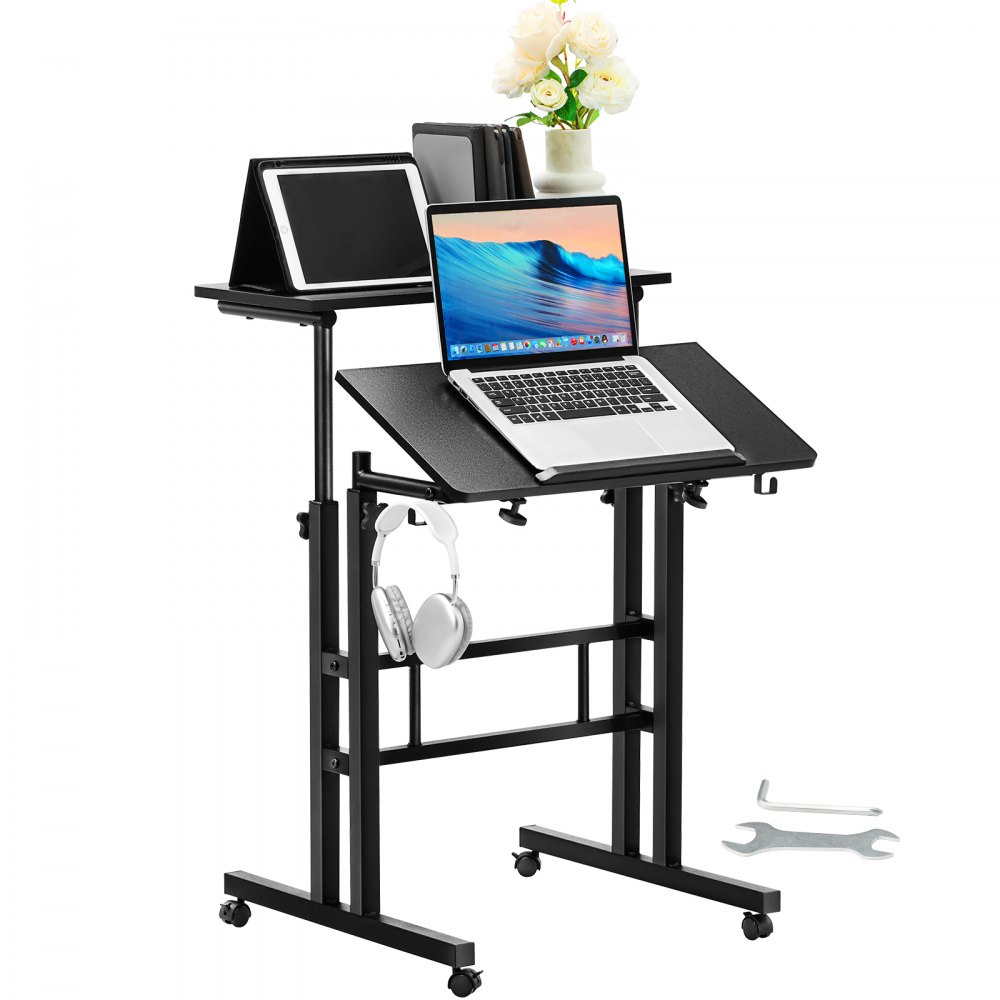 Rechebon Scrivania con ruote, scrivania per computer con ruote, regolabile  in altezza, può essere ruotato di 180°, tavolino per camera da letto