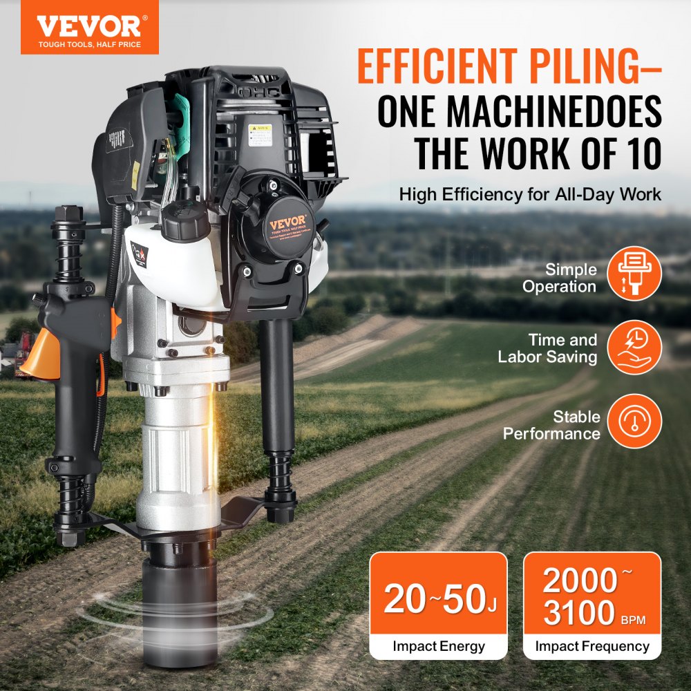 VEVOR 37.77cc Gas-Powered T Post Driver, 4-Stroke Engine Gasoline Fence Piling Pounder, with 2 Post Driving Head(55/70 mm) , 1000W Portable Piledriver For Farm, Ranch Fencing, Road Improvements