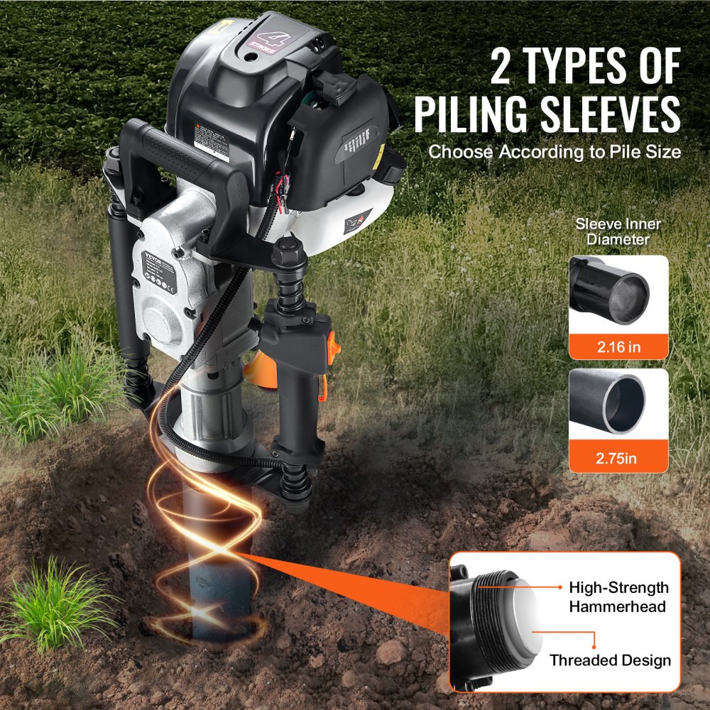 VEVOR 37.77cc Gas-Powered T Post Driver, 4-Stroke Engine Gasoline Fence Piling Pounder, with 2 Post Driving Head(55/70 mm) , 1000W Portable Piledriver For Farm, Ranch Fencing, Road Improvements