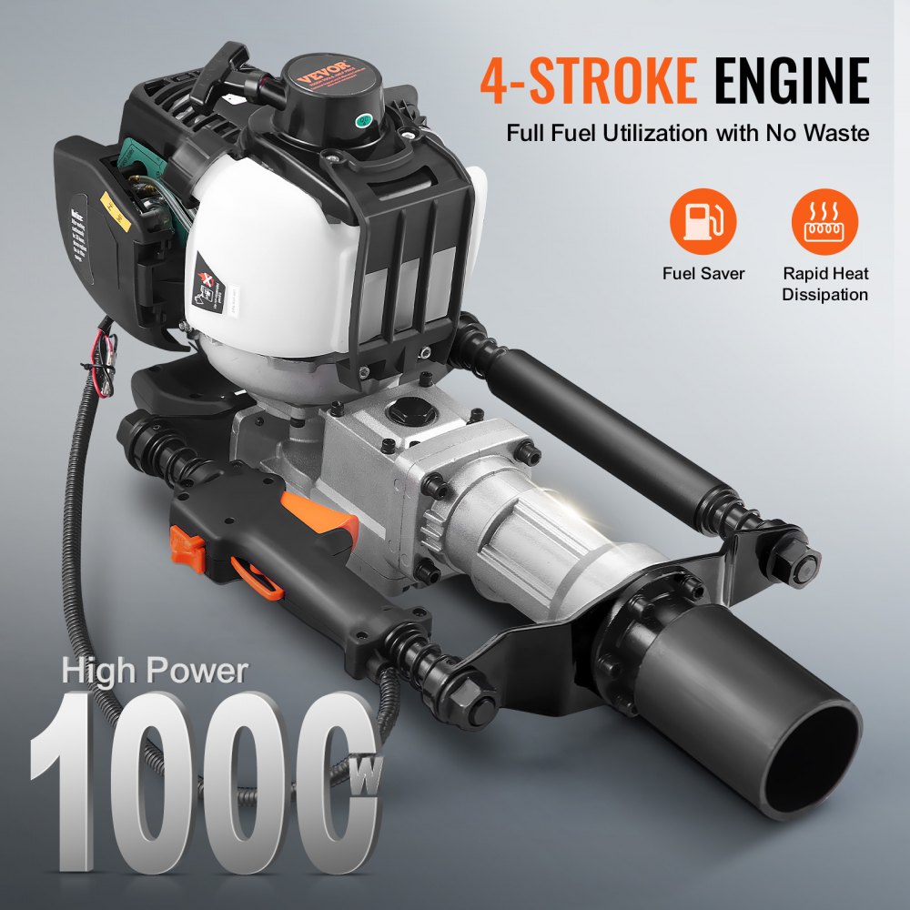 VEVOR 37.77cc Gas-Powered T Post Driver, 4-Stroke Engine Gasoline Fence Piling Pounder, with 2 Post Driving Head(55/70 mm) , 1000W Portable Piledriver For Farm, Ranch Fencing, Road Improvements