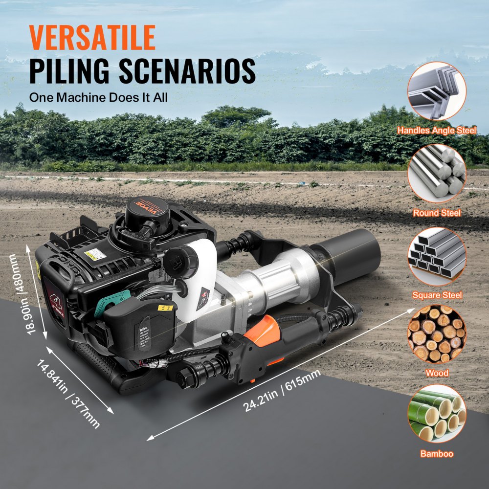 VEVOR 37.77cc Gas-Powered T Post Driver, 4-Stroke Engine Gasoline Fence Piling Pounder, with 2 Post Driving Head(55/70 mm) , 1000W Portable Piledriver For Farm, Ranch Fencing, Road Improvements