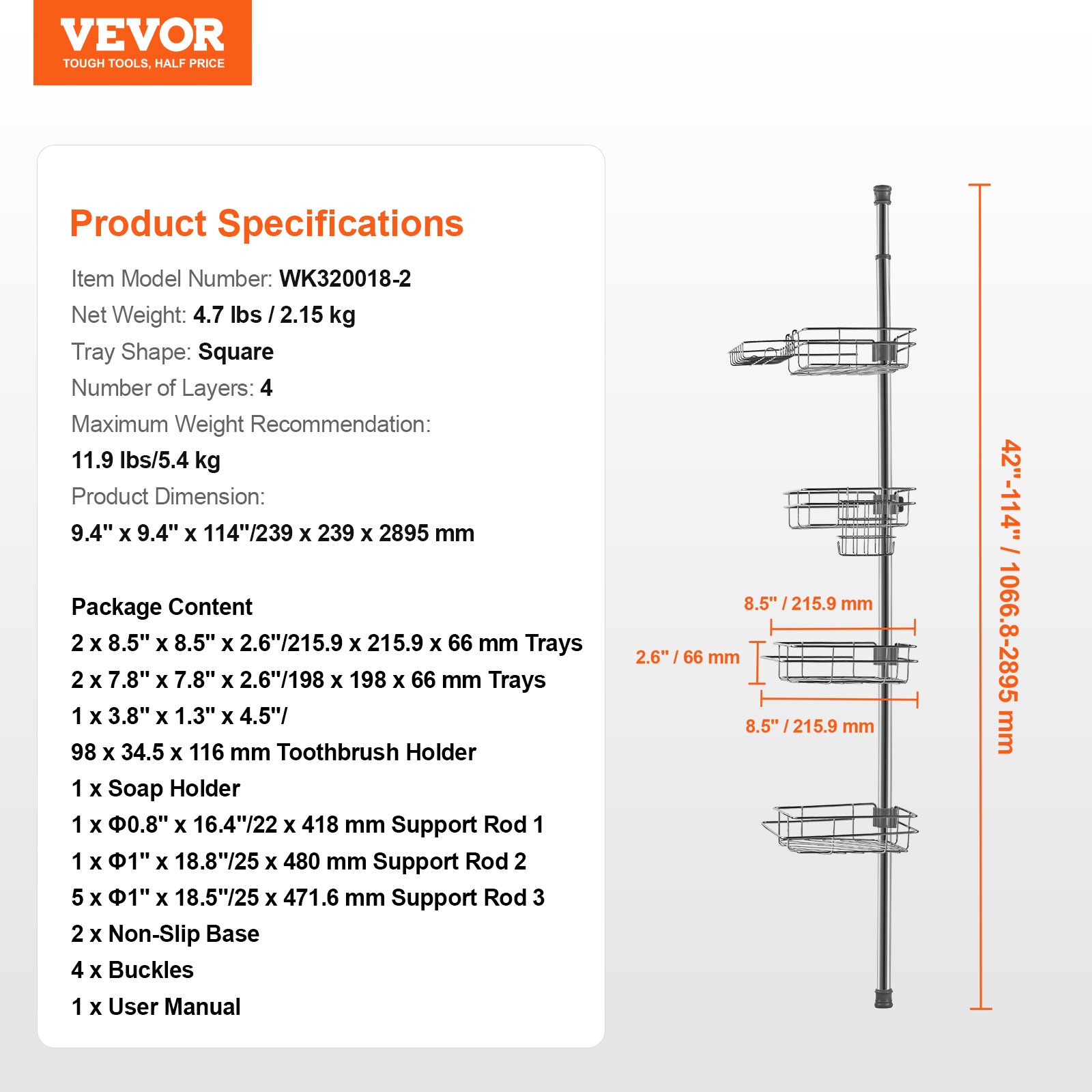 VEVOR Tension Rod for Corner Shower Shelf 1067-2896 mm High, Multifunctional Tension Rod for Showers with Strong & Load-Bearing Shelf, Tension Rod for Bathrooms and Washrooms, Silver, 4 Layers