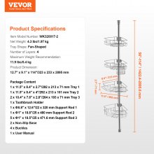 VEVOR Palo di Tensione per Angolo Doccia Alto 1422-2895 mm 4 Strati Argento