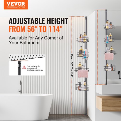 VEVOR Palo Doccia Angolare 4 Vassoi – Regolabile 142-289 Cm, Acciaio Inox, Antiscivolo E Antiruggine