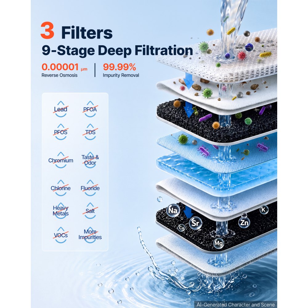 VEVOR Sistema di Filtraggio d'Acqua Sotto Lavello a Osmosi Inversa 800 GPD senza Serbatoio, Sotto Lavandino, con Rubinetto, Riduce TDS, Cloro, Cattivo Odore, Rapporto Pura Scarico 2:1, Normativa CE