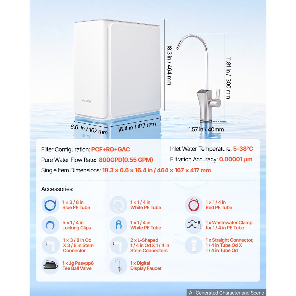 VEVOR Sistema di Filtraggio d'Acqua Sotto Lavello a Osmosi Inversa 800 GPD senza Serbatoio, Sotto Lavandino, con Rubinetto, Riduce TDS, Cloro, Cattivo Odore, Rapporto Pura Scarico 2:1, Normativa CE