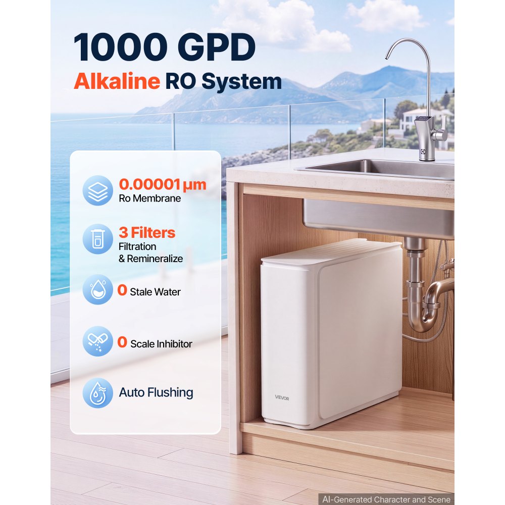 VEVOR Sistema di Filtraggio d'Acqua Sotto Lavello a Osmosi Inversa 1000 GPD Filtro 8 Stadi, Sotto Lavandino, con Rubinetto, Riduce TDS, Cloro, Cattivo Odore, Rapporto Pura Scarico 2:1, Normativa CE