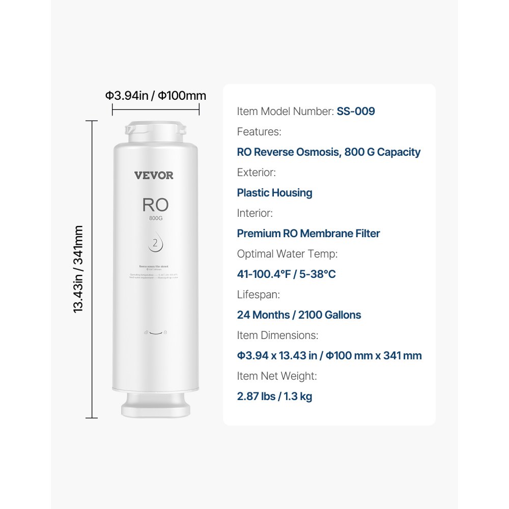 VEVOR Sistema ad Osmosi Inversa a 11 Stadi 800 GPD Sostituzione del Filtro dell'Acqua ad Osmosi Inversa, Cartuccia Filtro RO per 24 Mesi, Riduce Piombo Cloro, per Filtro dell'Acqua Sottolavello SS-006