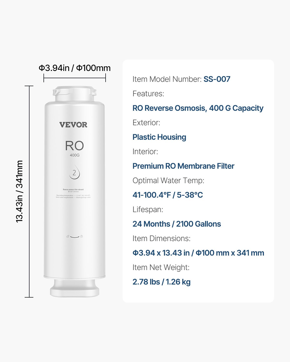 VEVOR Sistema di Osmosi Inversa Filtro di Ricambio per Osmosi Inversa a 9 Stadi da 400 GPD, Cartuccia Filtro RO per Tubo Idraulico Riduce Piombo, Cloro, Ruggine, Sostituzione per Filtro Osmosi