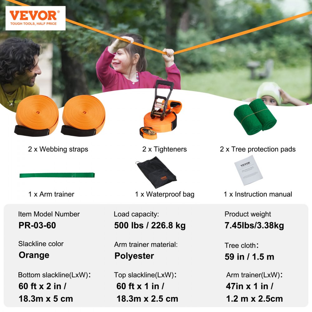 VEVOR Kit Slackline con Linea di Allenamento, Attrezzatura Slackline da 18,3m da Giardino Cortile, Kit di Percorso Corda Stretta per Bambini Adulti 18,3m x 5cm, Set Slackline con Protezioni per Alberi