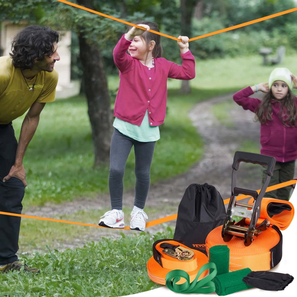 VEVOR Kit Slackline con Linea di Allenamento, Attrezzatura Slackline da 18,3m da Giardino Cortile, Kit di Percorso Corda Stretta per Bambini Adulti 18,3m x 5cm, Set Slackline con Protezioni per Alberi