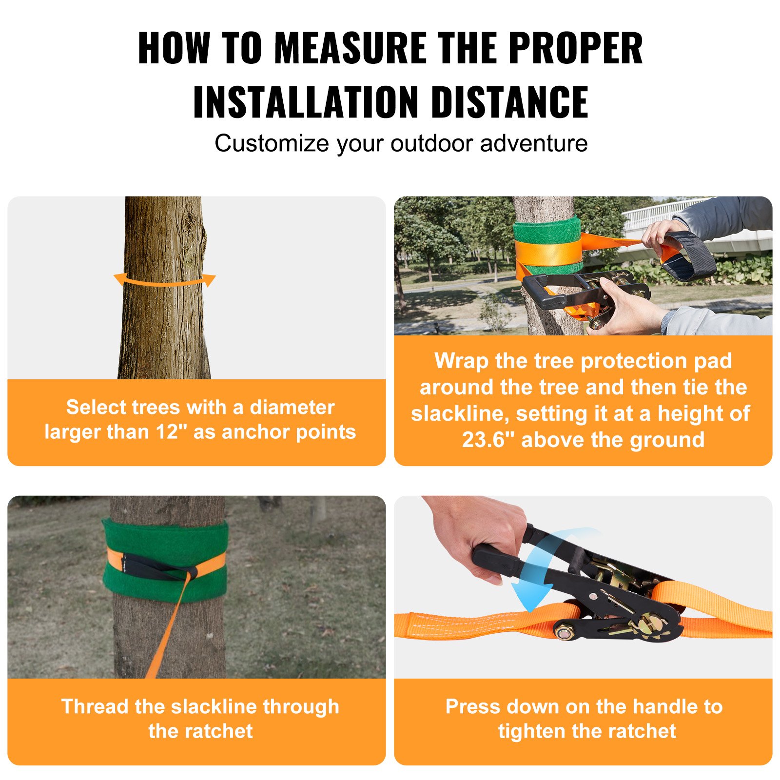 VEVOR Slackline Obstacle Set 2 x 18.3 m Slacklines 2 x 1.5 m Tree Protection, 226.8 kg Load Capacity Ninja Obstacle Course, Outdoor Playset Equipment, Backyard Toy Training Equipment Set Orange