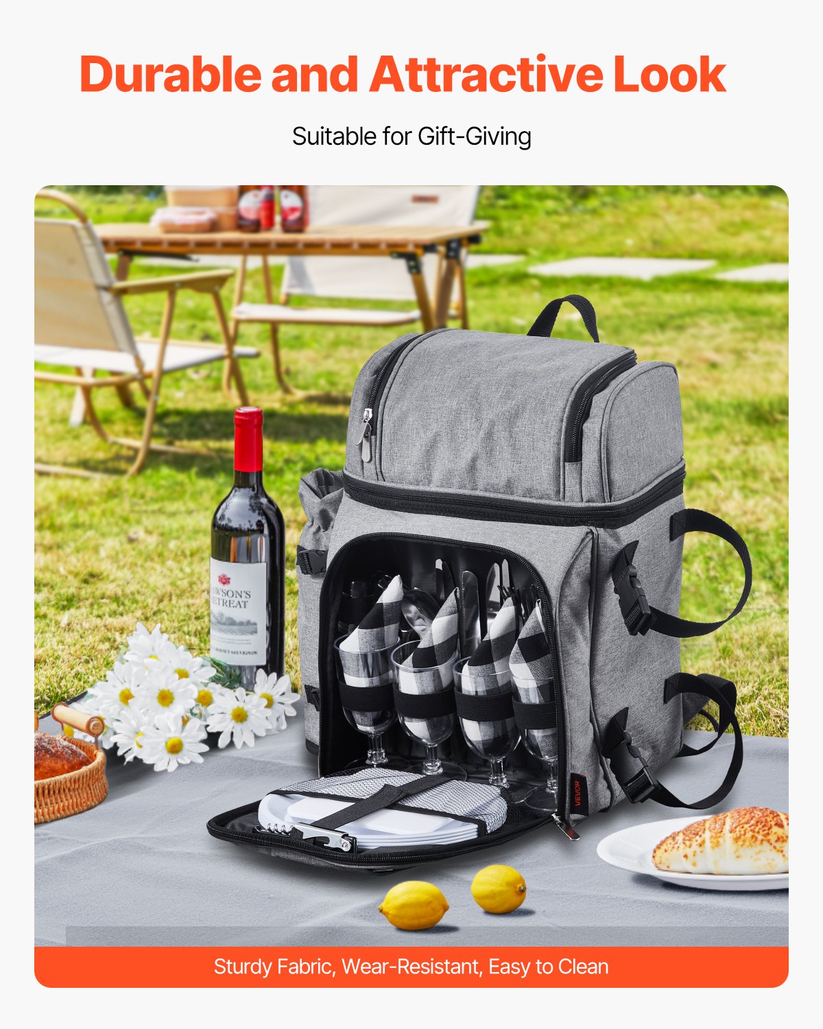 VEVOR Zaino da Picnic per 4 Persone, Capacità di 25 L Borsa da Picnic da Spiaggia con Portabottiglie Vino Staccabile, Coperta Leggera, Piatti e Posate per Escursionismo e Campeggio, Grigio