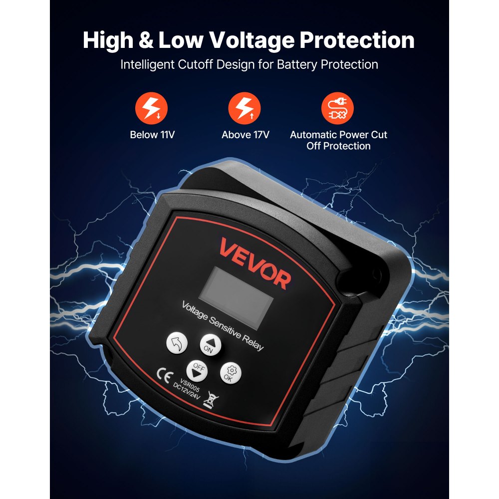 VEVOR Isolatore di Batteria Doppia 12 V 300 Amp, Relè Sensibile alla Tensione VSR Manuale Automatico con Schermo LCD, Kit Isolatore di Batteria per Auto, Camion, Camper, UTV, ATV, Barca