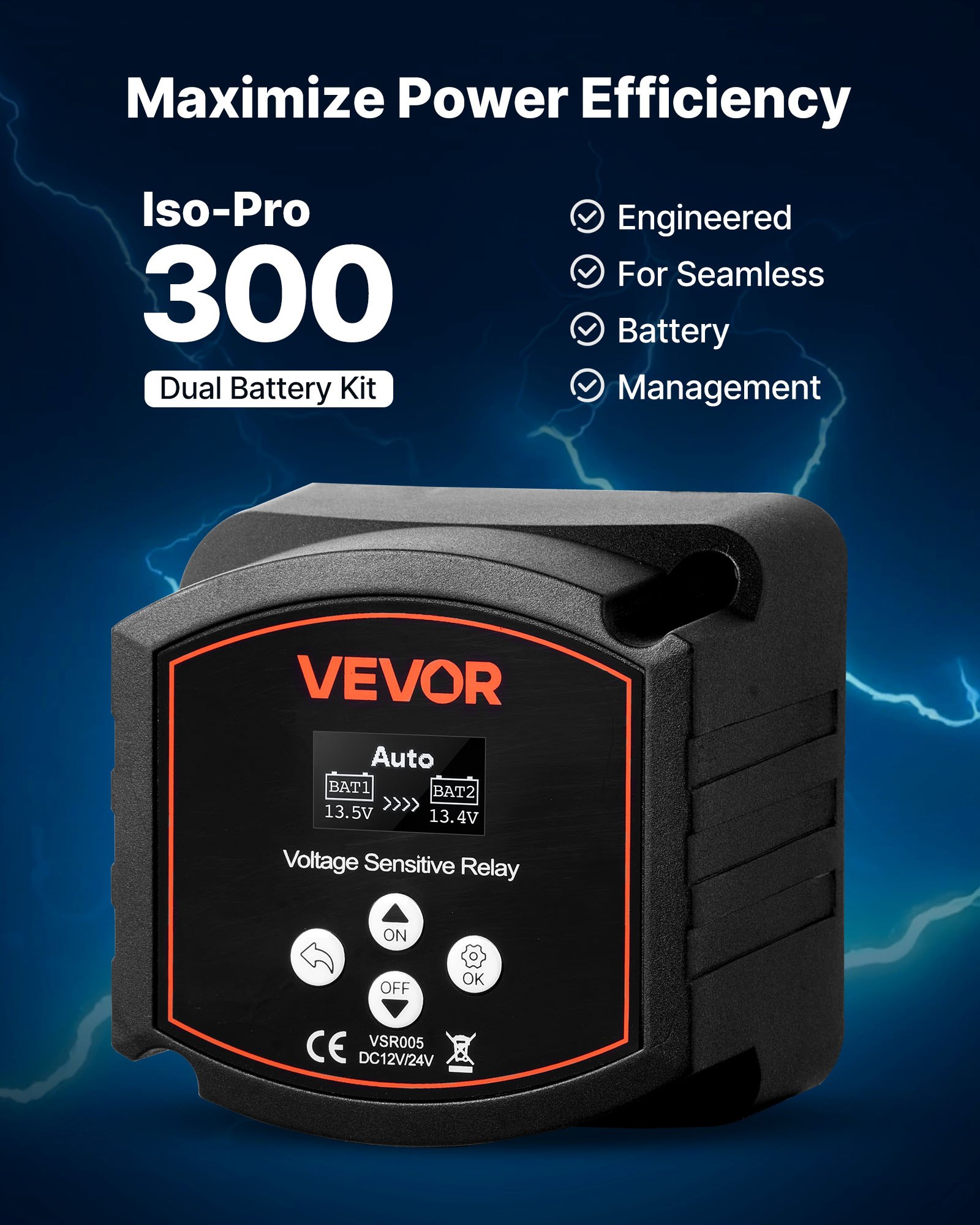VEVOR Isolatore di Batteria Doppia 12 V 300 Amp, Relè Sensibile alla Tensione VSR Manuale Automatico con Schermo LCD, Kit Isolatore di Batteria per Auto, Camion, Camper, UTV, ATV, Barca
