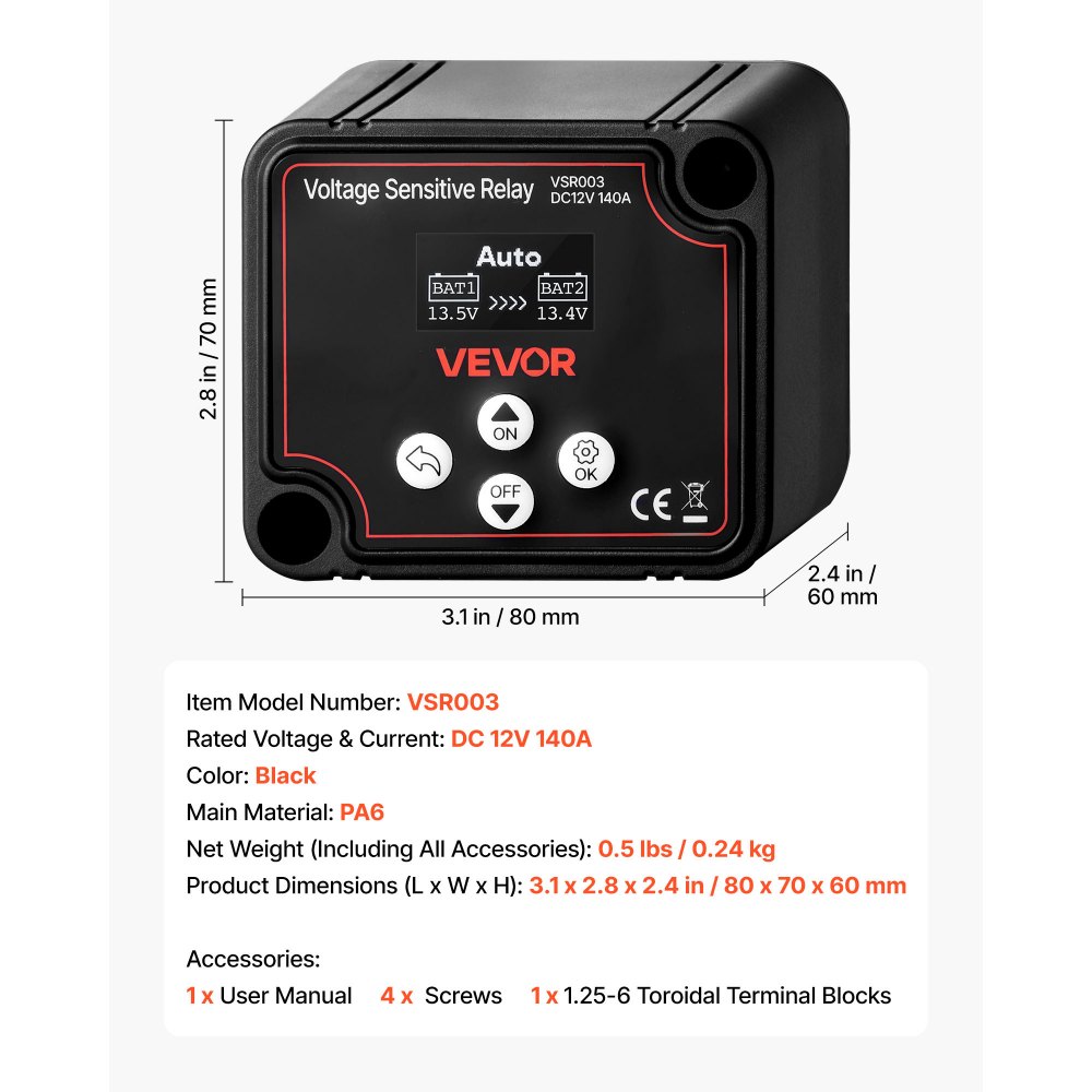 VEVOR Isolatore di Batteria Doppia Relè Sensibile alla Tensione VSR Manuale e Automatico con Schermo LCD 12 V 140 Amp, Isolatore di Batteria per Auto, Camion, Camper, UTV, ATV, Barca