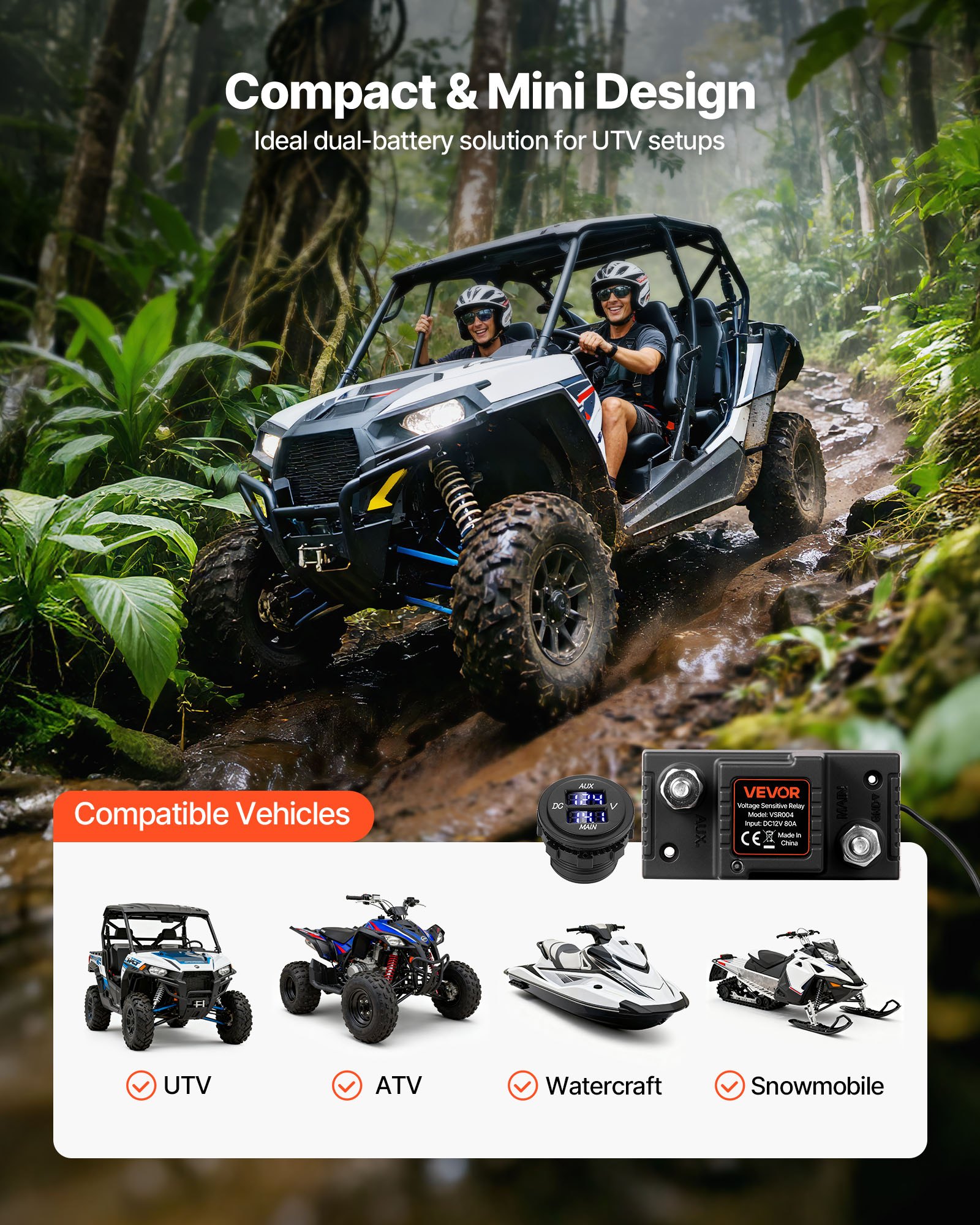 VEVOR Kit Isolatore Batteria Doppia 12 V 80 Amp, Relè Sensibile alla Tensione VSR Manuale e Automatico con Voltmetro, Schermo LCD, Isolatore Compatibile con Batterie al Piombo, per Furgone Camper