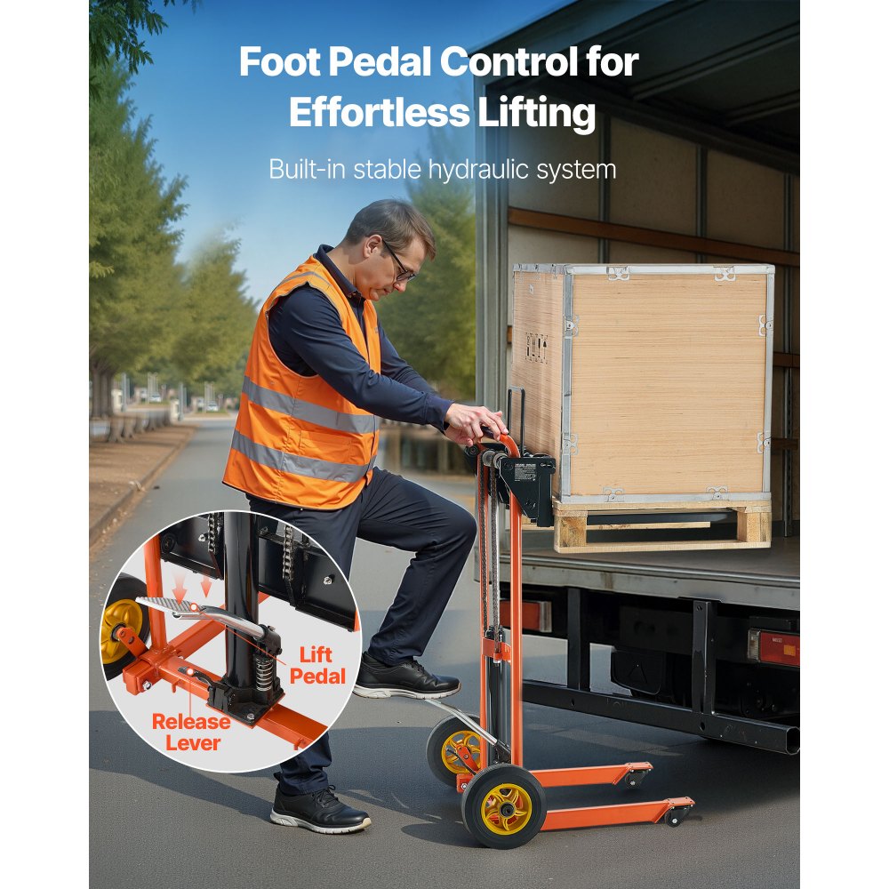 VEVOR Carrello Elevatore Idraulico con Verricello, Capacità di Carico di 205 kg Carrello Elevatore a Forche Pieghevole e Portatile, Altezza di Sollevamento Massima di 900 mm Giallo e Nero