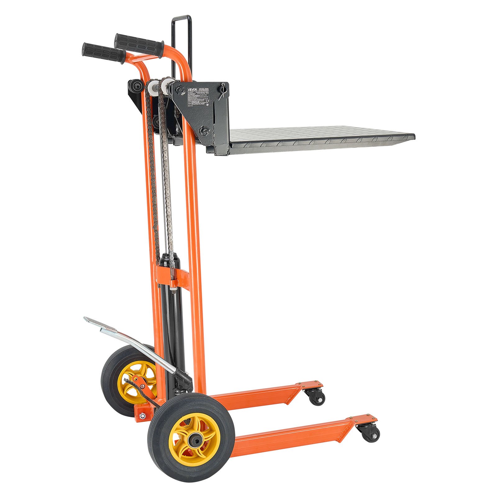 VEVOR Carrello Elevatore Idraulico con Verricello, Capacità di Carico di 205 kg Carrello Elevatore a Forche Pieghevole e Portatile, Altezza di Sollevamento Massima di 900 mm Giallo e Nero