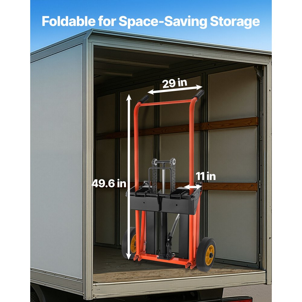 VEVOR Carrello Elevatore Idraulico con Verricello, Capacità di Carico di 205 kg Carrello Elevatore a Forche Pieghevole e Portatile, Altezza di Sollevamento Massima di 1000 mm Giallo e Nero