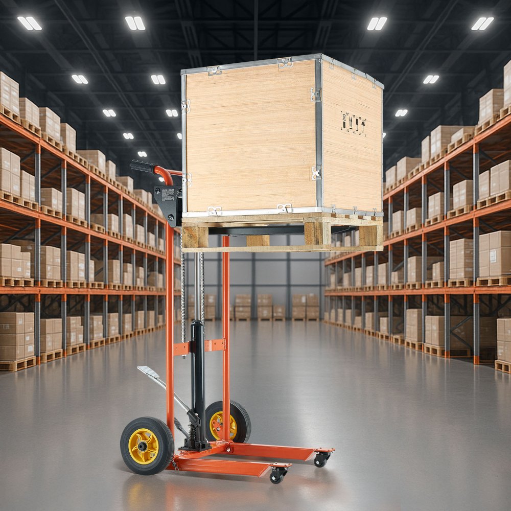VEVOR Carrello Elevatore Idraulico con Verricello, Capacità di Carico di 205 kg Carrello Elevatore a Forche Pieghevole e Portatile, Altezza di Sollevamento Massima di 1000 mm Giallo e Nero