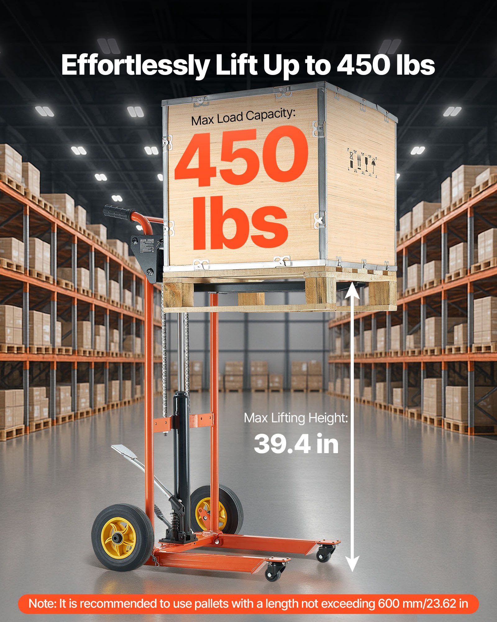 VEVOR Carrello Elevatore Idraulico con Verricello, Capacità di Carico di 205 kg Carrello Elevatore a Forche Pieghevole e Portatile, Altezza di Sollevamento Massima di 1000 mm Giallo e Nero