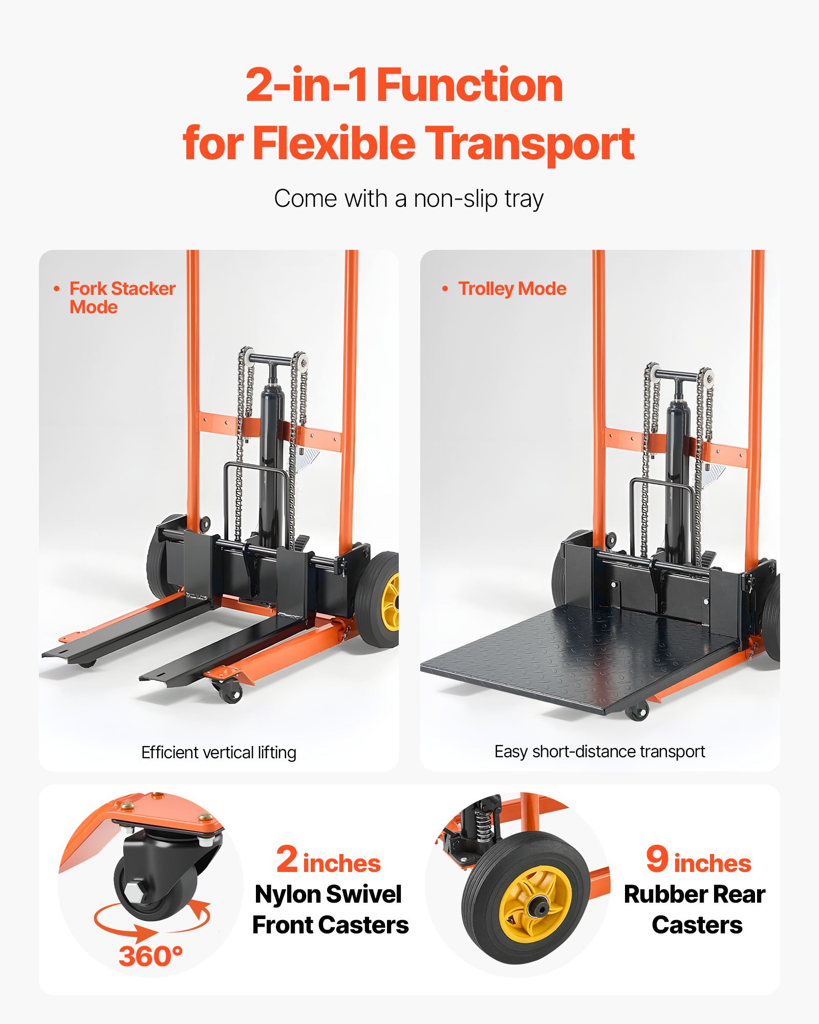 VEVOR Carrello Elevatore Idraulico con Verricello, Capacità di Carico di 205 kg Carrello Elevatore a Forche Pieghevole e Portatile, Altezza di Sollevamento Massima di 1000 mm Giallo e Nero