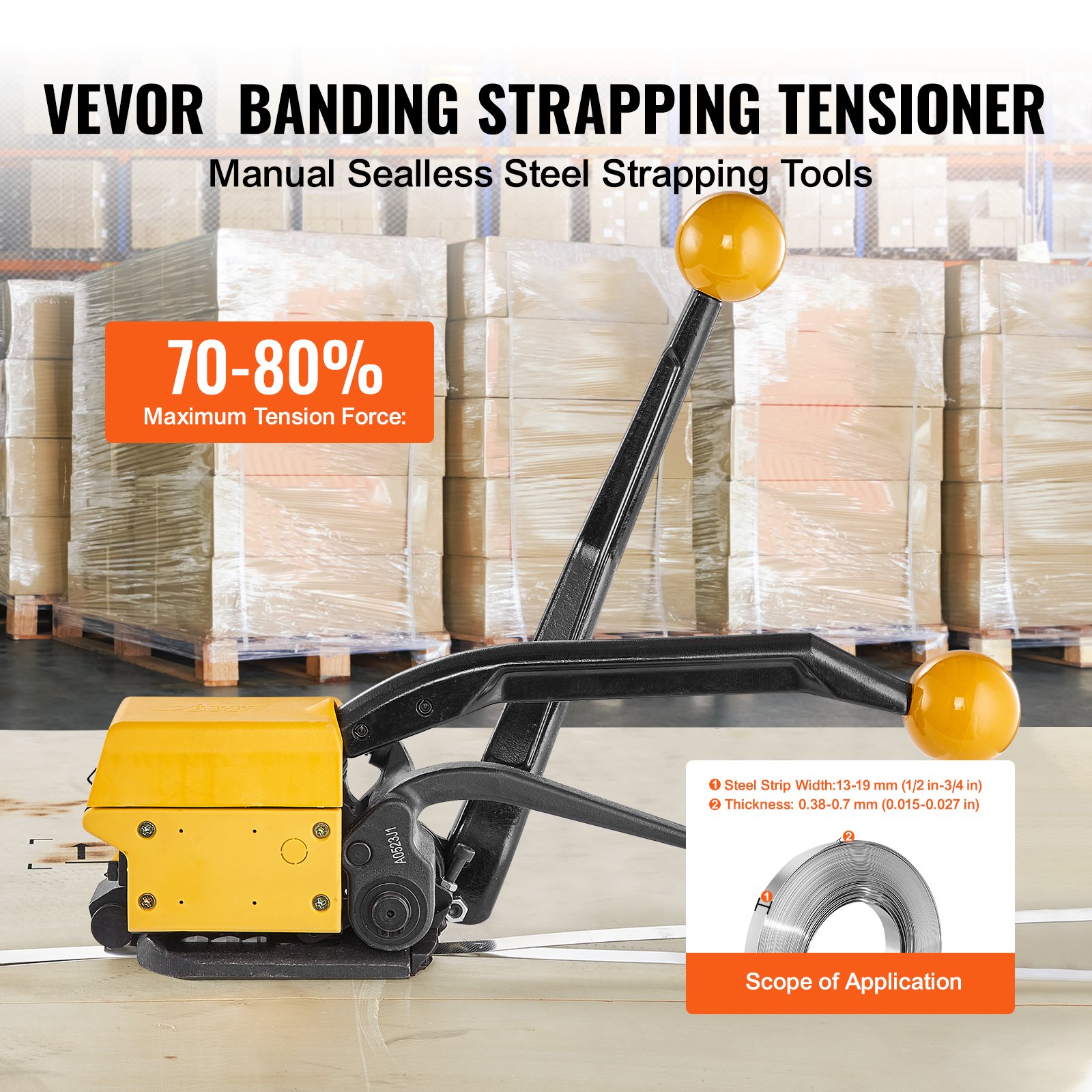 VEVOR Steel Strapping Tool for 1/2"-3/4" Width, 3-in-1 (Tensioner, Crimper, Cutter), Manual Band Packaging Banding Machine, Packaging Metal Steel Strapping Banding Machine for Stainless Steel