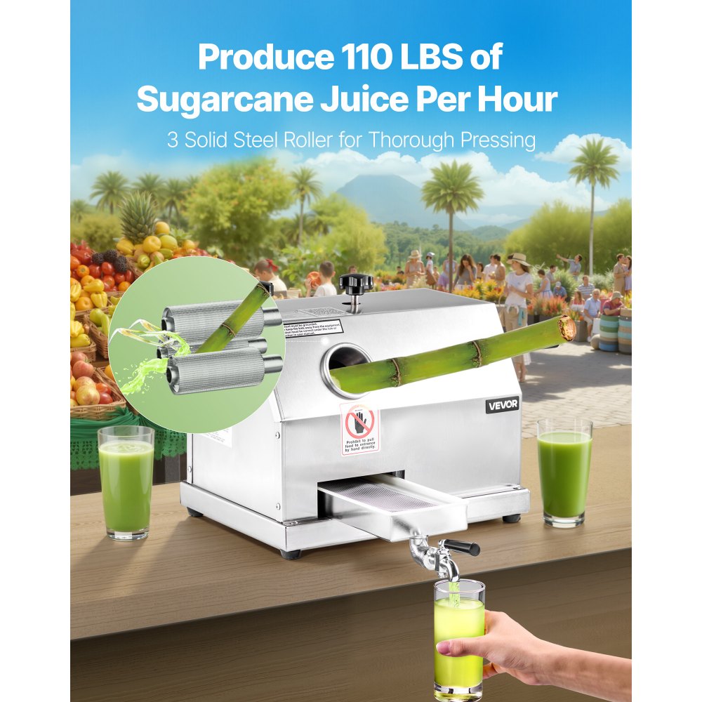 VEVOR Commercial Sugar Cane Juicer, 50KG/H High Output Sugarcane Juicer Machine with 3 Stainless Steel Rollers, 62mm Large Inlet, Manual Sugar Cane Press Juice Extractor Squeezer for Home/Commercial