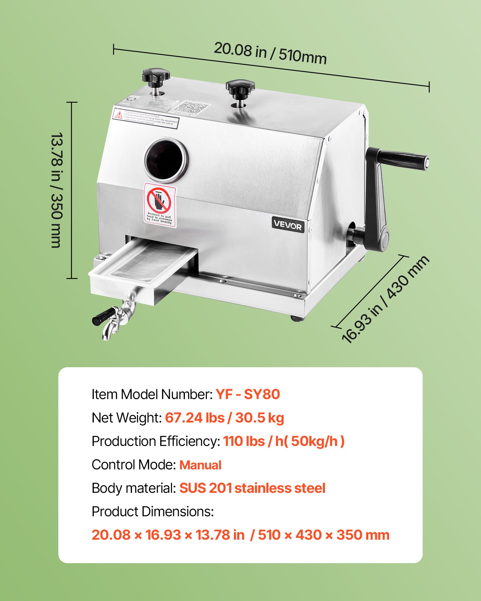 VEVOR Estrattore di Succo di Canna da Zucchero Commerciale, Macchina per Spremitura di Canna da Zucchero Manuale Capacità 50 kg/ora, 3 Rulli in Acciaio Inox, Estrattore di Succo