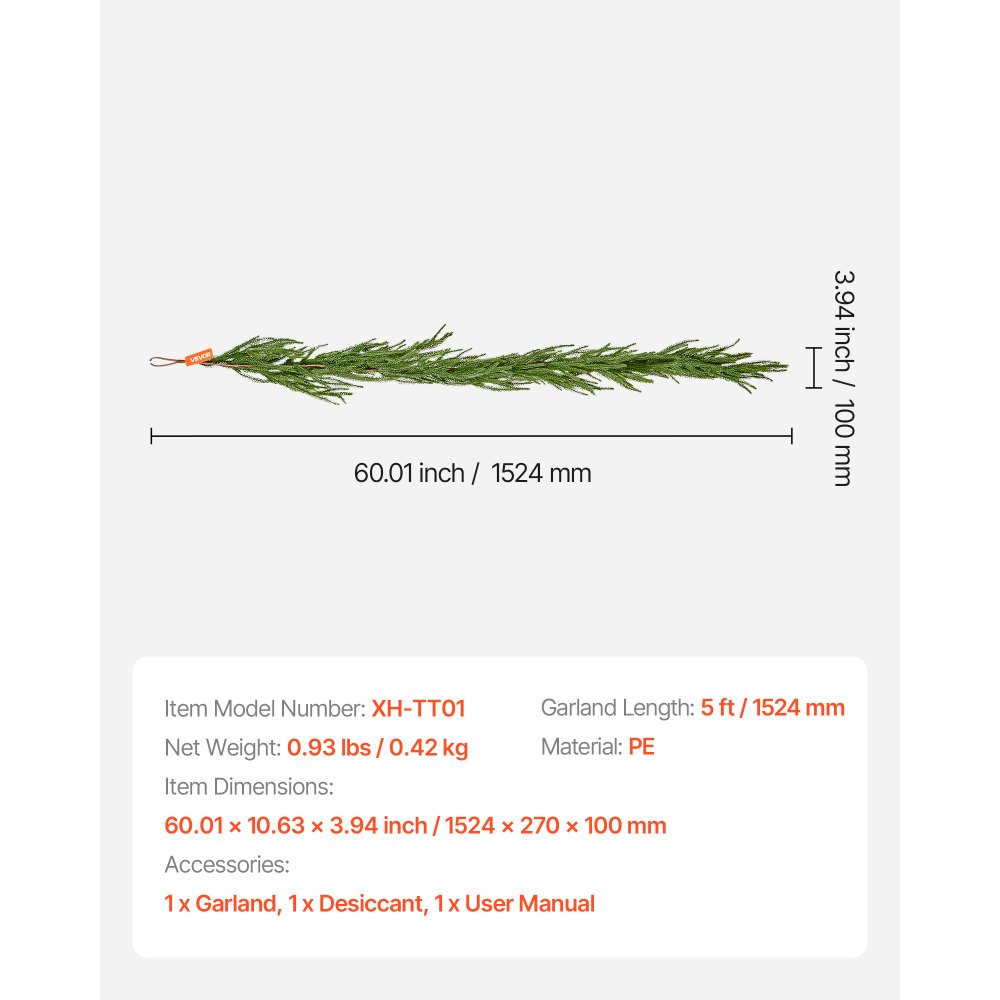 VEVOR Christmas Garland, 1524 mm Realistic Norfolk Pine Garland, Evergreen Real Touch Artificial Faux Greenery Garlands, for Holiday Indoor Outdoor Xmas Decoration on Table, Mantel, and Fireplace
