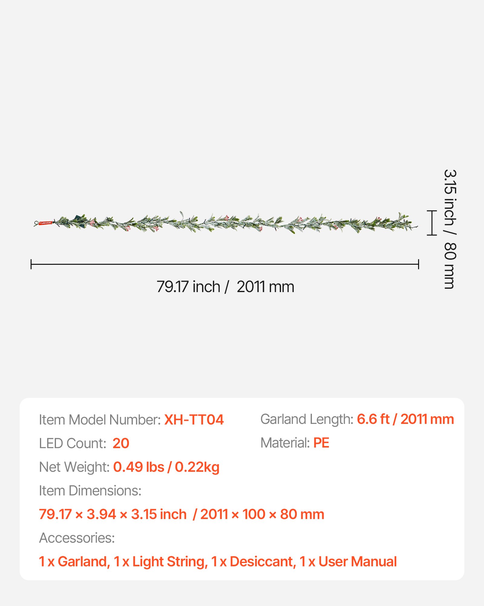 VEVOR Ghirlanda Natalizia Artificiale, da 2011 mm con Viti, Foglie di Ulivo e Bacche, Ghirlande Finte con Filo Luminoso, per Decorazioni Natalizie Interni Esterni, Mensola del Camino e Camino