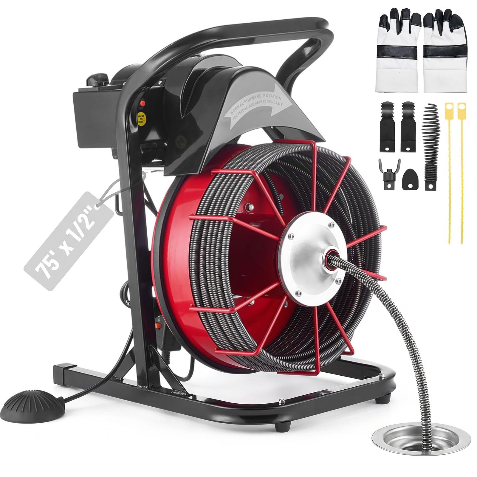 VEVOR Macchina Sturatubi 23 m x 13 mm, Sonda per Fognature Manuale, con 4 Lame Sostituibili e Interruttore a Pedale Pneumatico per Tubi con Diametro da 5 a 15 cm, per Pulizia di Scarichi e Lavandini