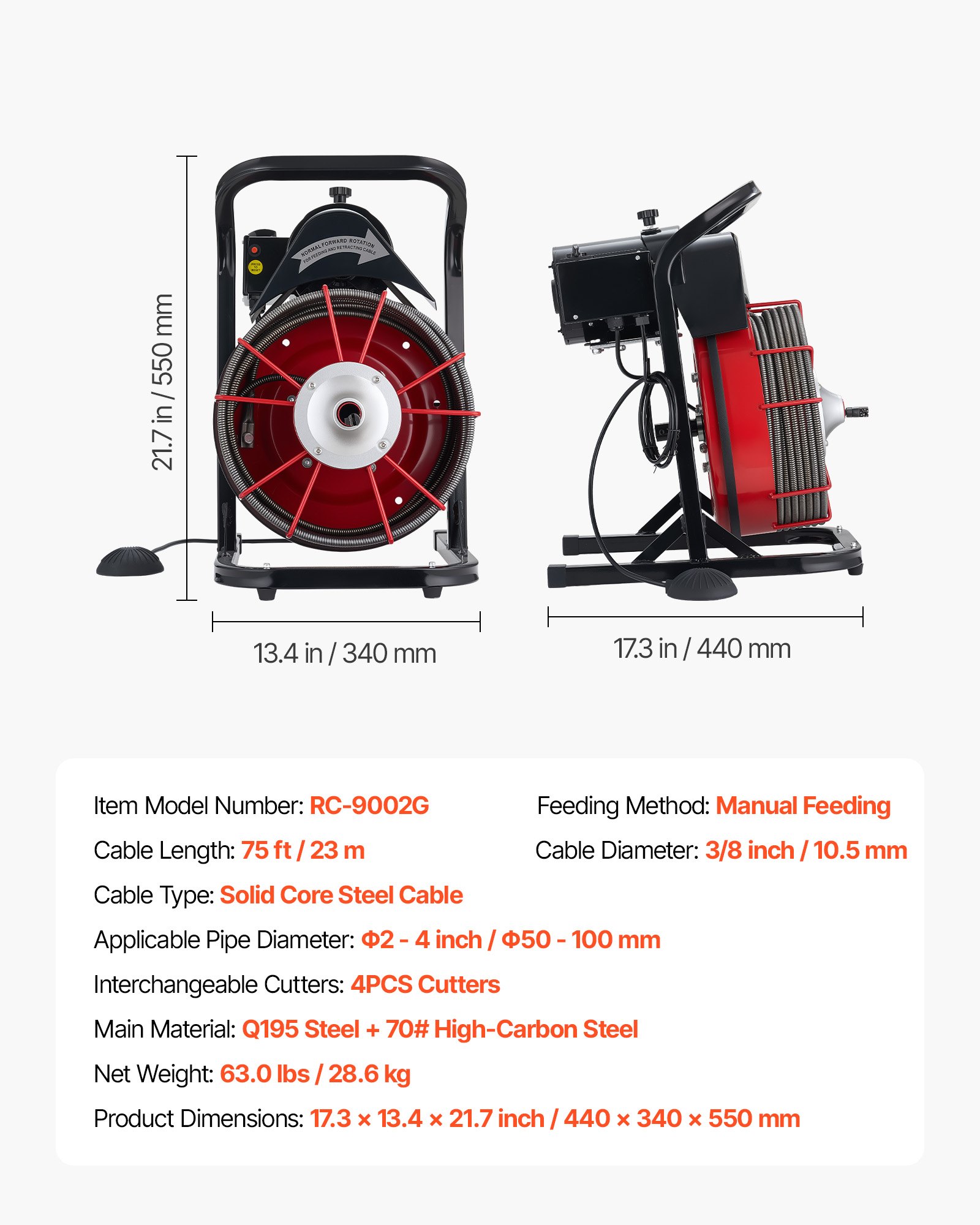 VEVOR Drain Cleaner Machine 23m x 10.5mm, Sewer Snake Auger Manual Feed with 4 Cutters & Air-activated Foot Switch for 50mm to 100mm Pipes