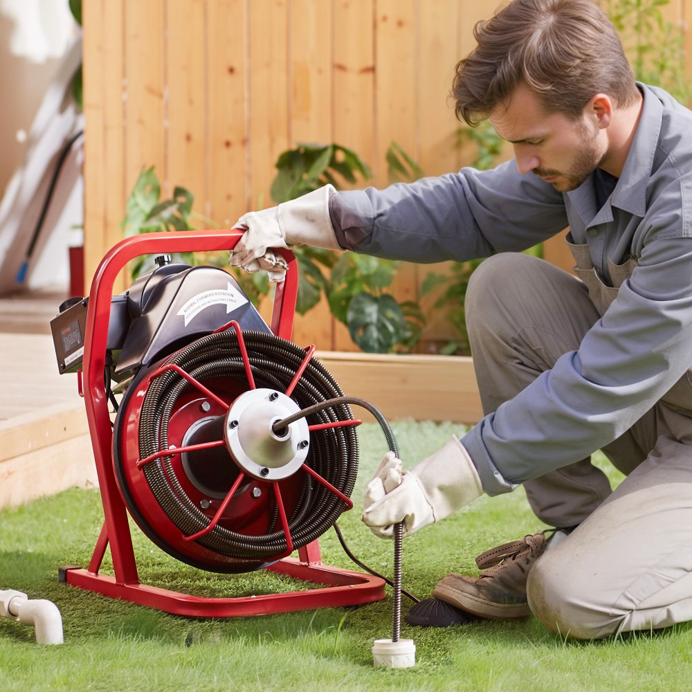 VEVOR Sbloccatubi Elettrico 22,8 m x 9,5 mm Macchina per Pulizia Tubi Alimentazione Manuale 250 W Scovolino con 4 Taglierine, Azionamento Pneumatico a Pedale per Tubi da 5-10 cm, Macchina Pulizia Tubi