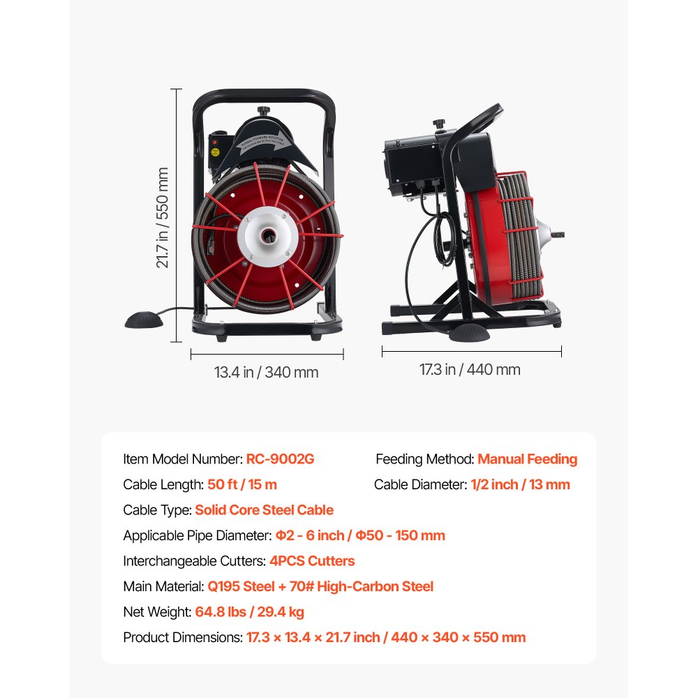 VEVOR Drain Cleaner Machine 15m x 13mm, Sewer Snake Auger Manual Feed with 4 Cutters & Air-activated Foot Switch for 50mm to 150mm Pipes