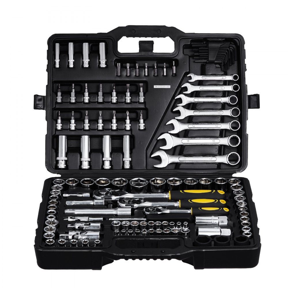 VEVOR 121-piece mechanic's tool set with 1/4", 3/8", and 1/2" drive sockets, SAE & metric mechanic's tool set with bits, wrenches, ratchet handle, and carrying case