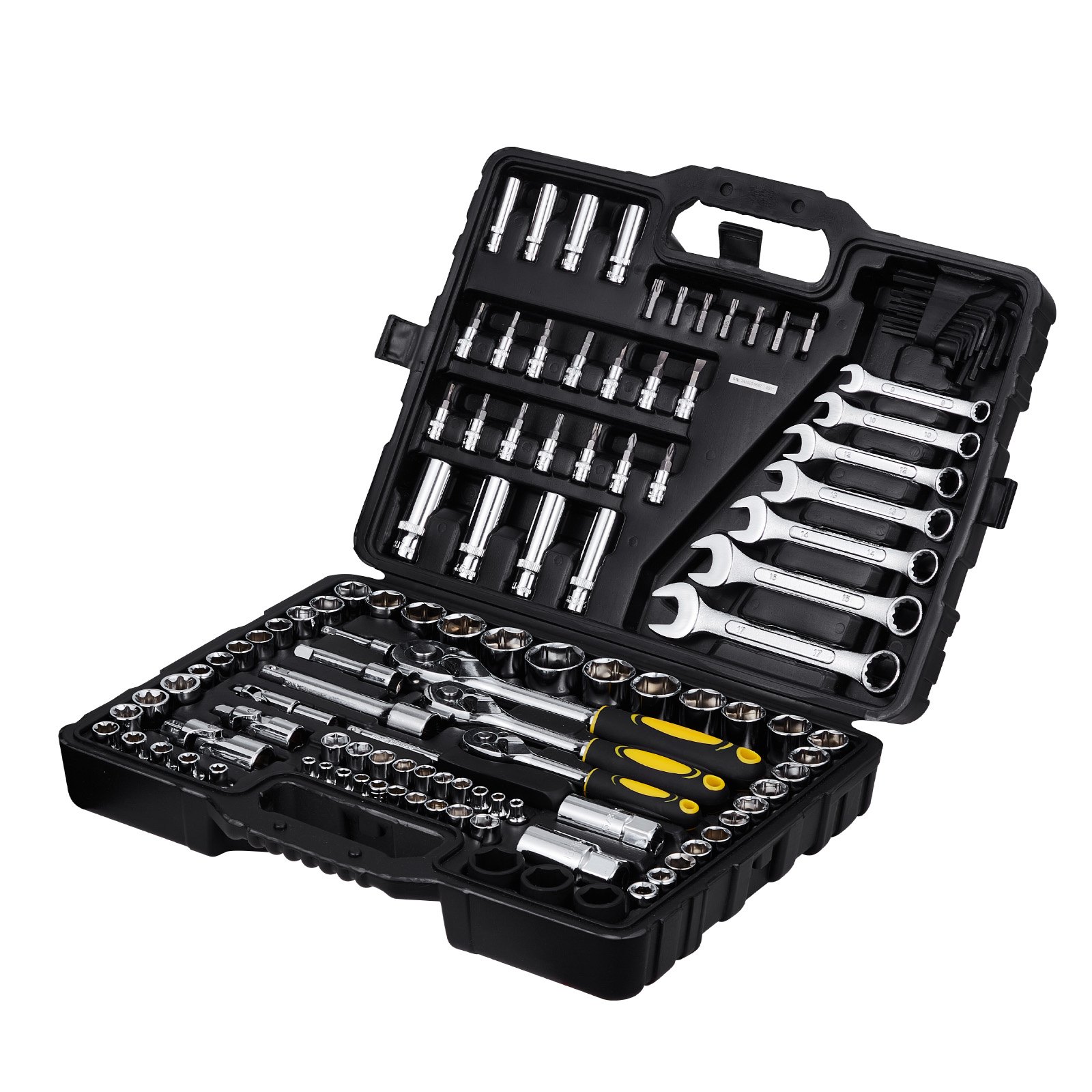 VEVOR 121-piece mechanic's tool set with 1/4", 3/8", and 1/2" drive sockets, SAE & metric mechanic's tool set with bits, wrenches, ratchet handle, and carrying case