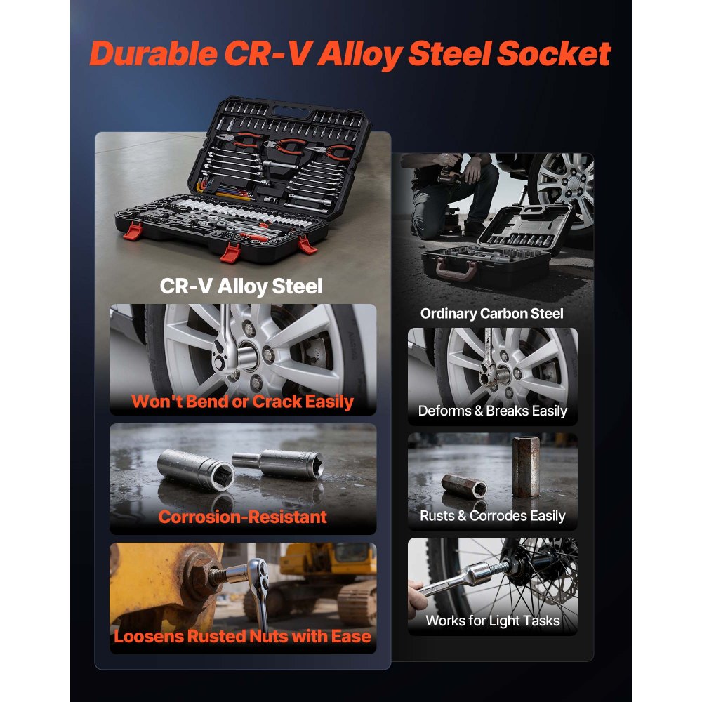 VEVOR Set di Chiavi a Bussola da 314 pezzi Chiavi a Cricchetto Attacco da 1/4 pollici 3/8 pollici 1/2 pollici, Set di Utensili Riparazioni Comuni Progetti Fai-da-te, Custodia Attrezzi per Meccanico