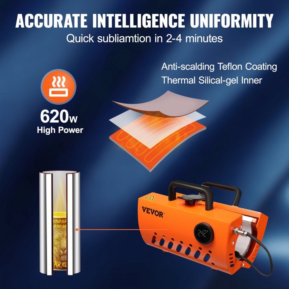 VEVOR Pressa a Caldo Portatile per Tazze Bicchiere 620W per Tazze da 33-89 cL Intervallo di Temperatura 40°C-210°C, Termopressa per Tazze Altezza Max. 25cm in Ceramica Acciaio Inox Lega di Alluminio