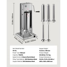 VEVOR Insaccatrice Manuale per Salsicce, Insaccatrice Verticale per Carne da 5 L, a Doppia Velocità, per Impieghi Gravosi in Acciaio Inox con 5 Tubi di Insacco, per Uso Commerciale e Domestico
