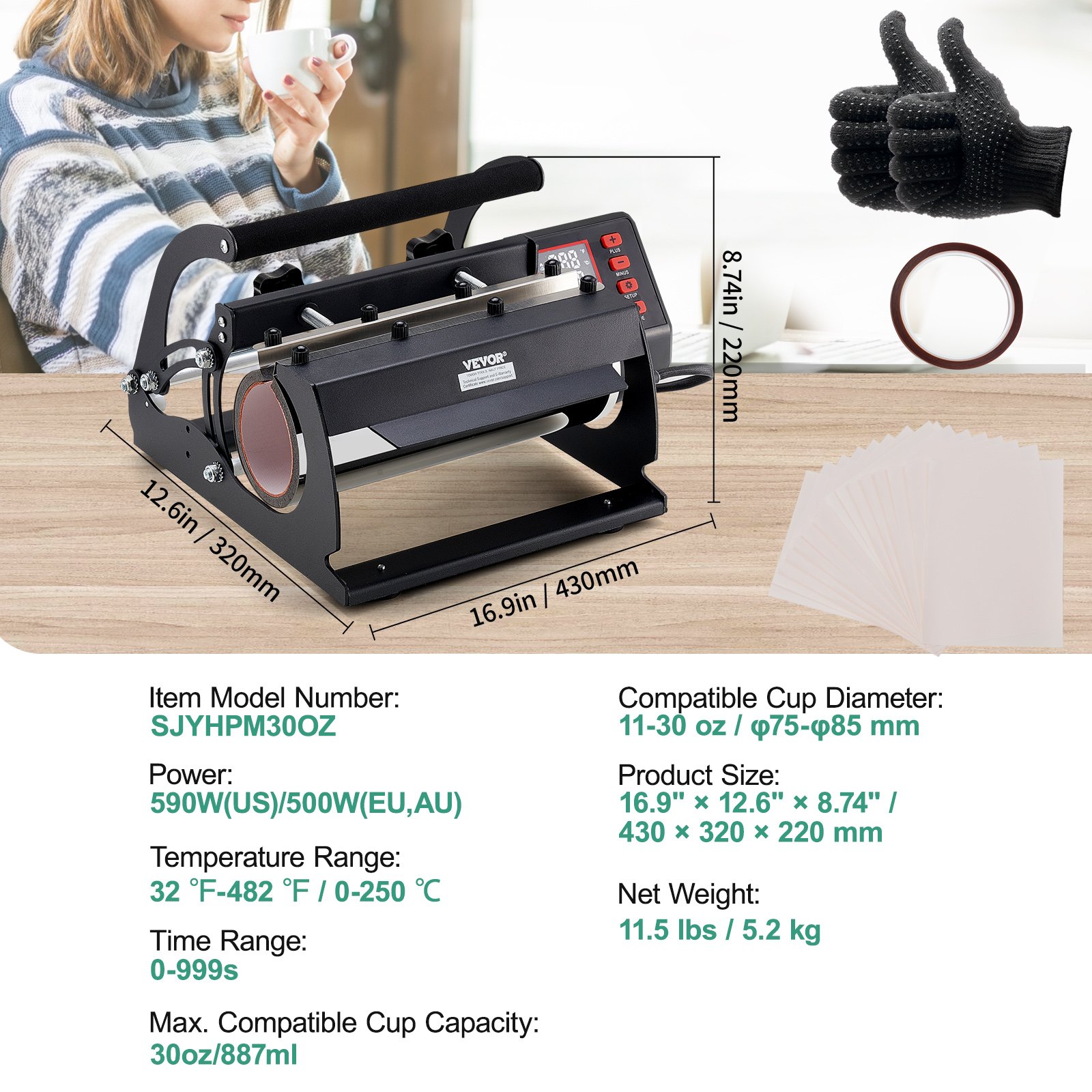 VEVOR Pressa per Bicchiere, Pressa per Tazze da 11-30 once, Pressa per Bicchiere con Carta per Sublimazione, Impostazione Temperatura Tempo, Tazze per Sublimazione, Macchina Pressa a Caldo Bicchiere
