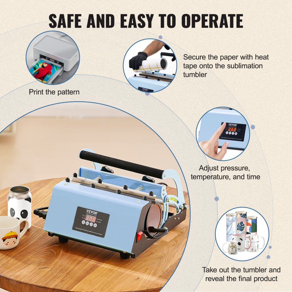 VEVOR Tumbler Heat Press, 11-30 oz Mug Press, Fast and Even Heating, Tumbler Press with Sublimation Paper, Tape and Gloves, Temperature and Time Setting