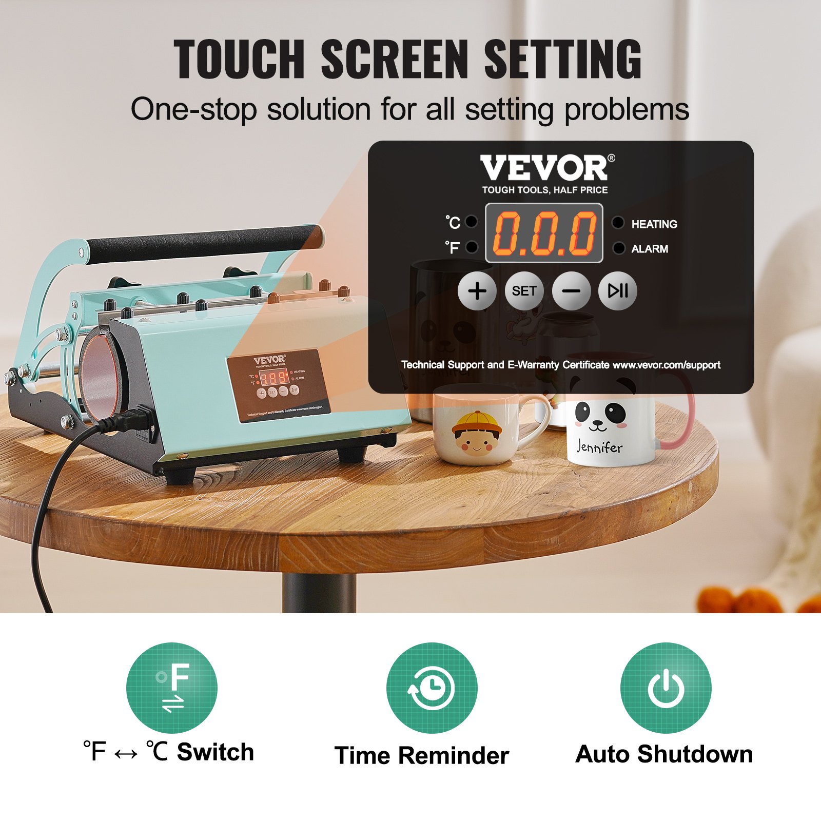 VEVOR Tumbler Heat Press, 11-30 oz Mug Press, Fast and Even Heating, Tumbler Press with Sublimation Paper, Tape and Gloves, Temperature and Time Setting, for Sublimation Mugs, Cups, Cups, Green