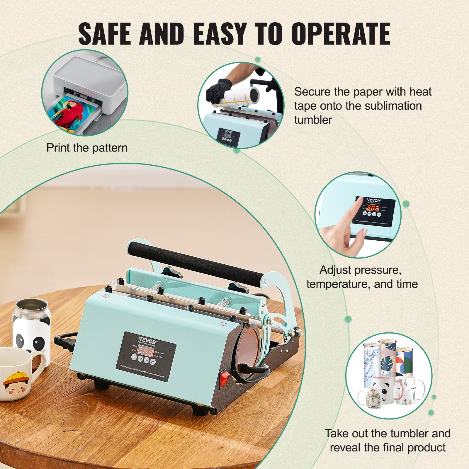 VEVOR Tumbler Heat Press, 11-30 oz Mug Press, Fast and Even Heating, Tumbler Press with Sublimation Paper, Tape and Gloves, Temperature and Time Setting, for Sublimation Mugs, Cups, Cups, Green