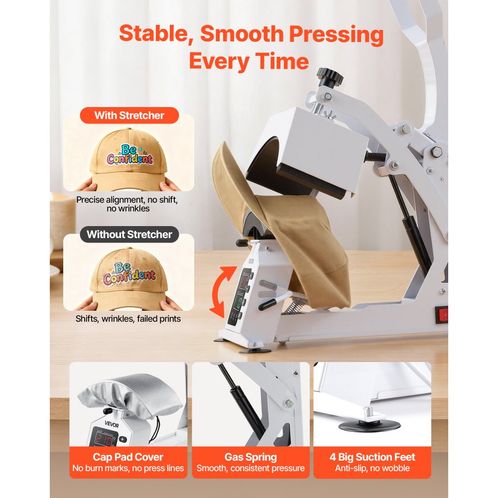 VEVOR Pressa a Caldo per Cappelli, Pressa per Trasferimento Termico di Cappelli  580 W Fai-da-te Piastra Riscaldante 215 x 100 mm per Pressa Termica, Macchina per Pressatura Caldo Controllo LED