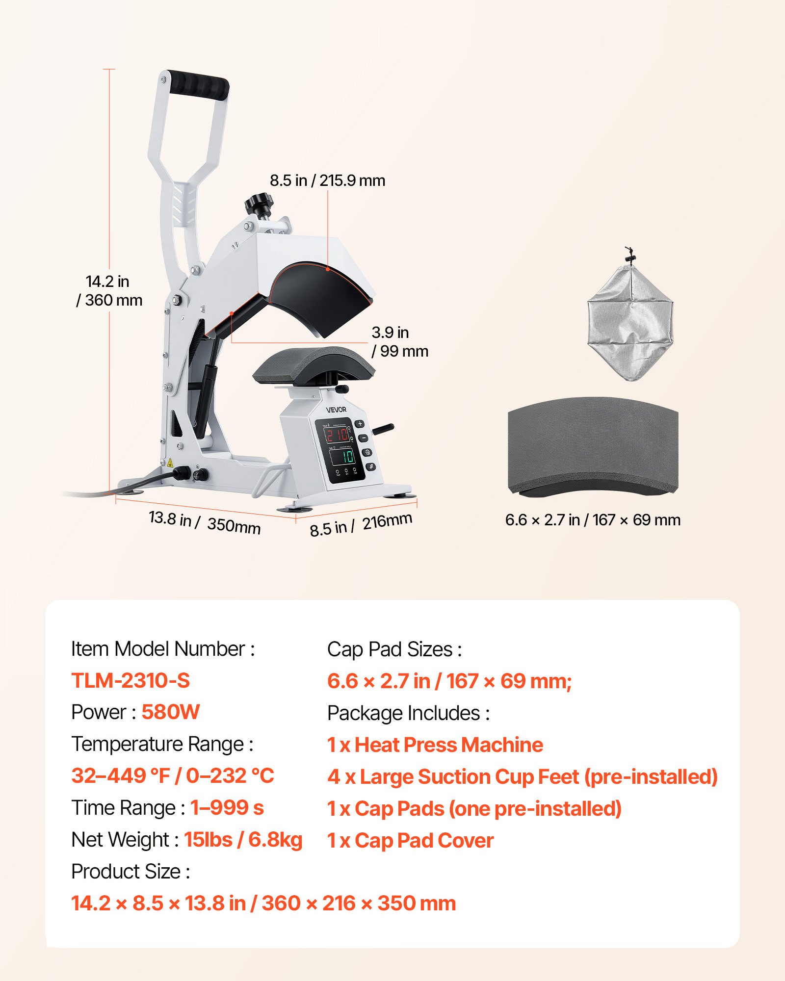 VEVOR Pressa a Caldo per Cappelli, Pressa per Trasferimento Termico di Cappelli  580 W Fai-da-te Piastra Riscaldante 215 x 100 mm per Pressa Termica, Macchina per Pressatura Caldo Controllo LED