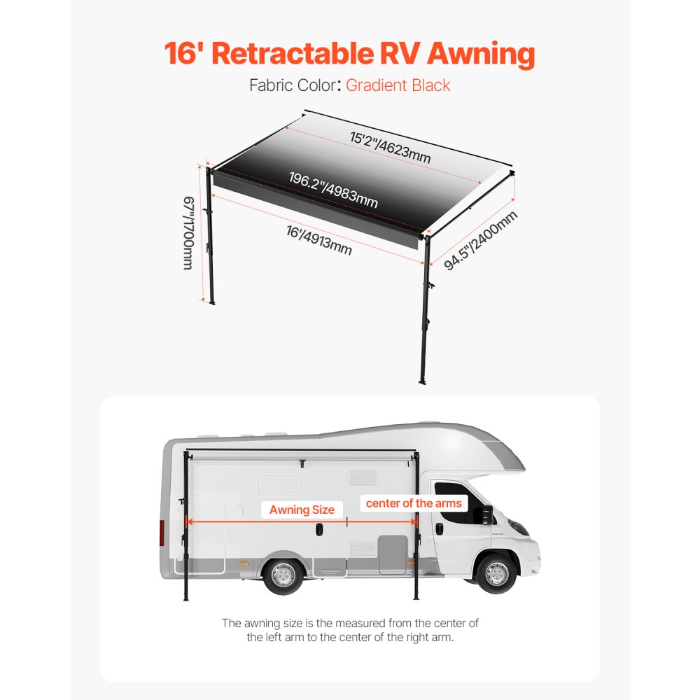 VEVOR Tenda da Sole di Ricambio Impermeabile in Vinile per Camper, Tenda da Sole Retrattile Modulare con Telaio in Lega di Alluminio, Nero Sfumato, Manuale 4876 mm Adatta Maggior Camper