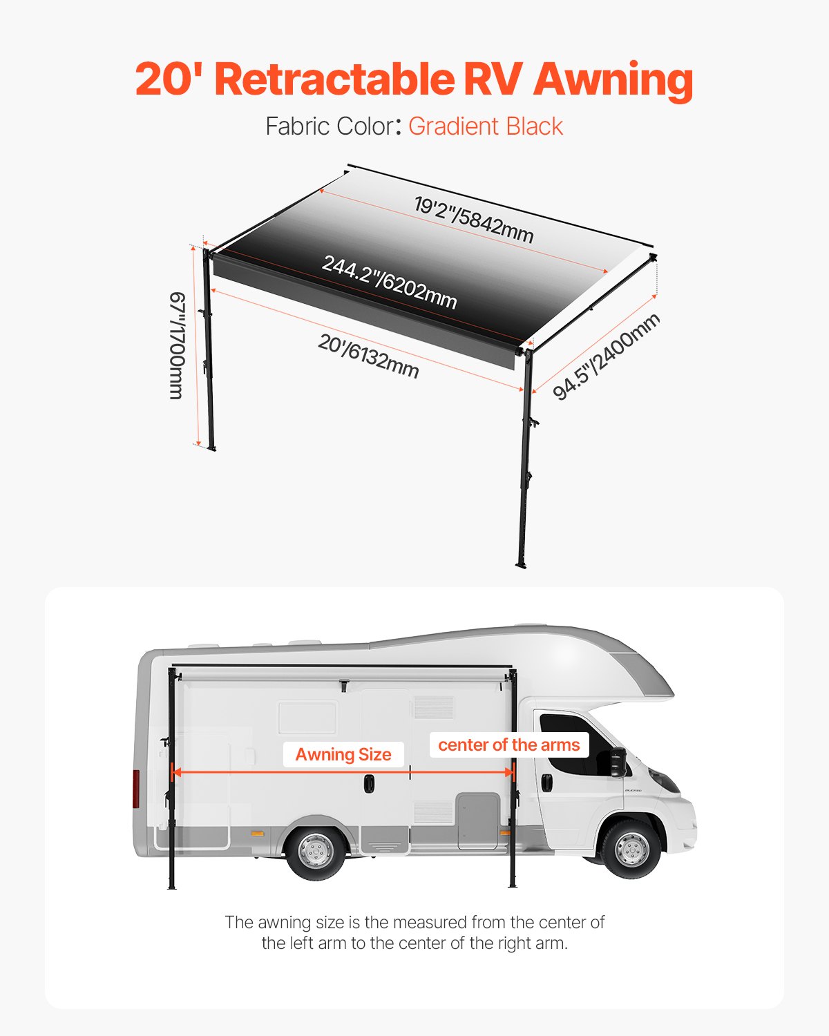 VEVOR Tenda da Sole di Ricambio Impermeabile in Vinile per Camper, Tenda da Sole Retrattile Modulare con Telaio in Lega di Alluminio, Nero Sfumato, Manuale 6096 mm Adatta Maggior Camper
